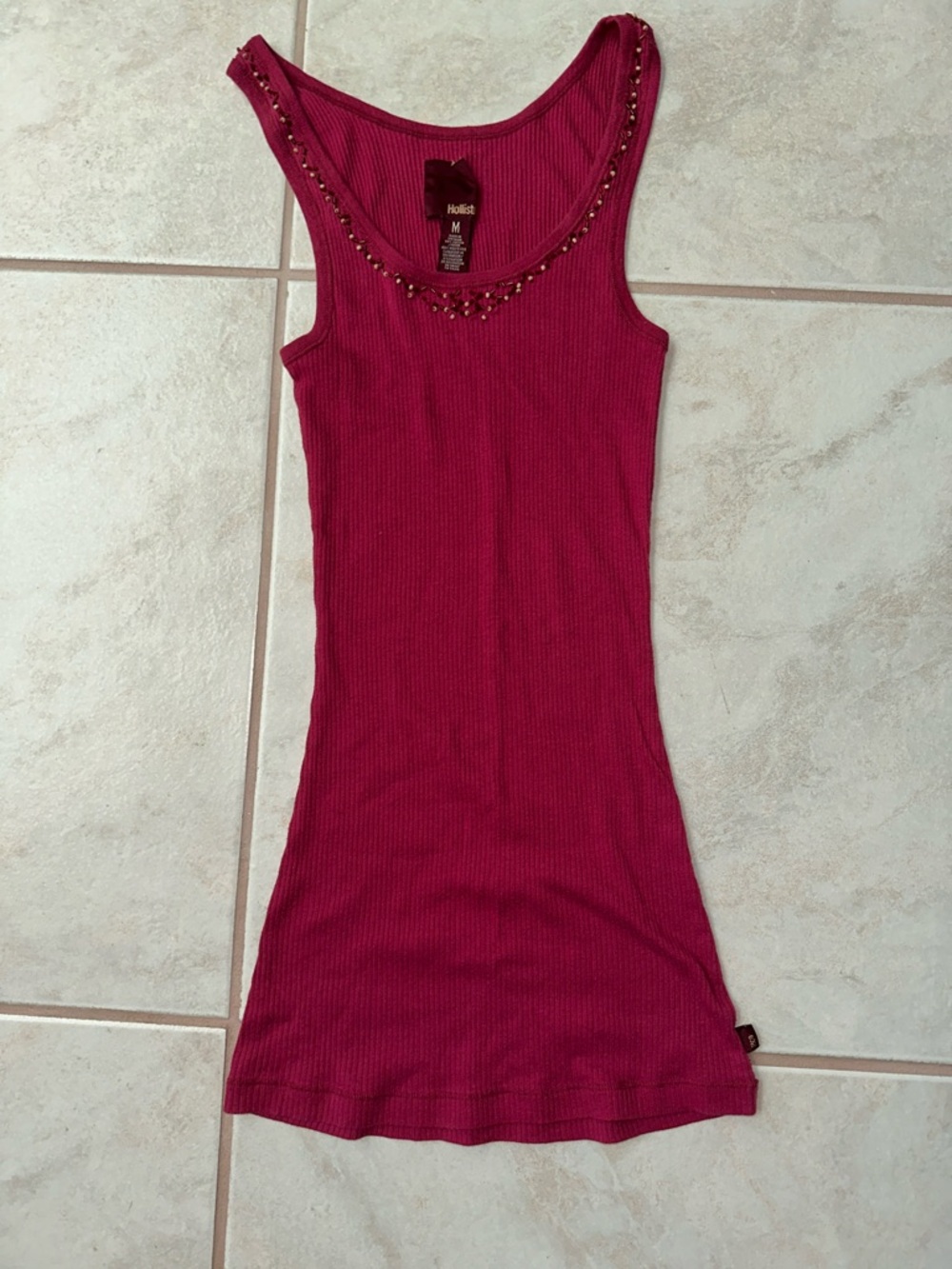 Hollister Slim Ribbed Tank Top with Beaded Neckline in Berry Red